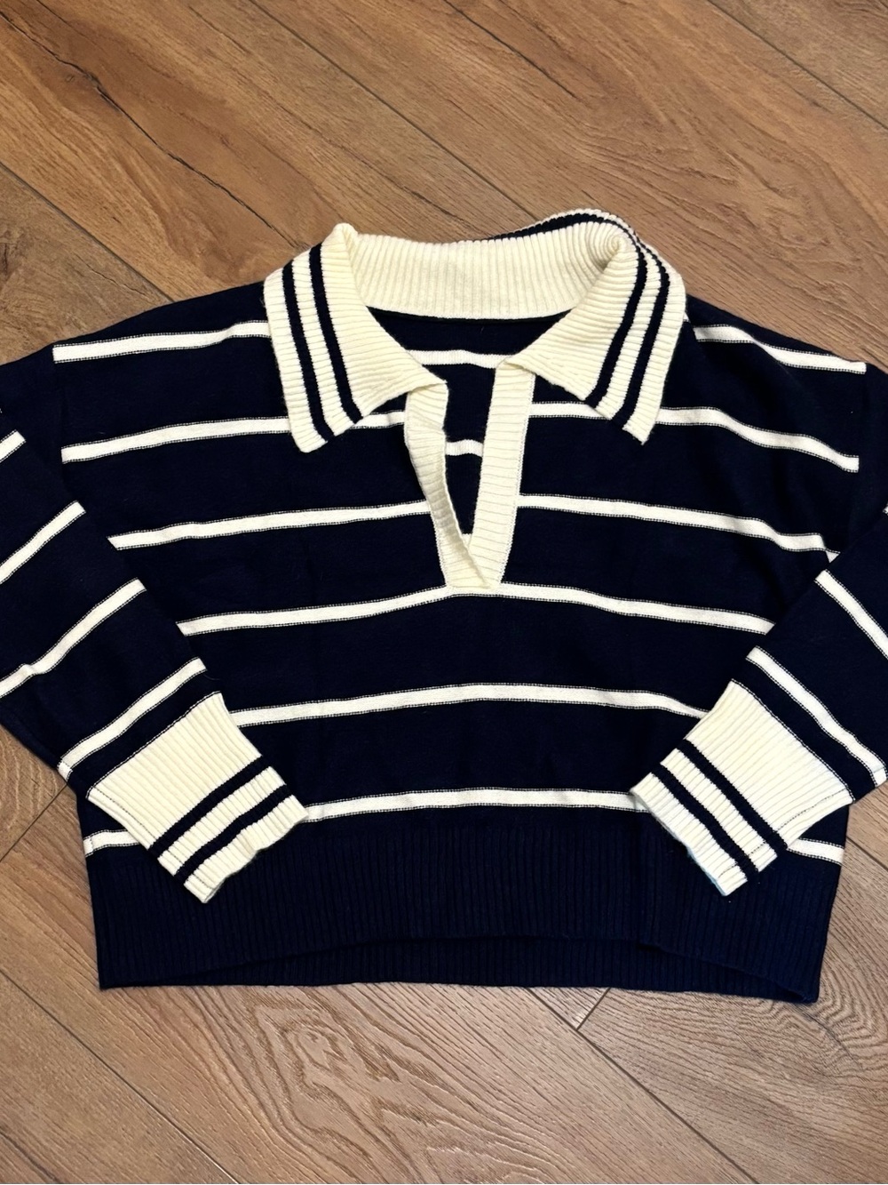 Striped V-Neck Polo Sweater in Navy and Cream